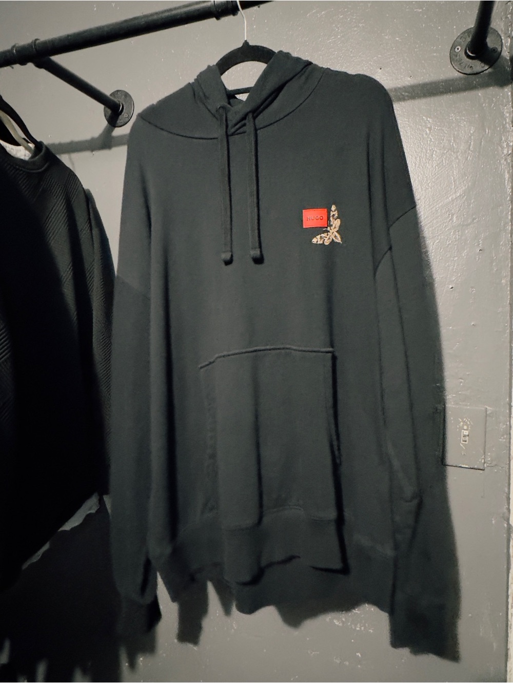 HUGO Black Hoodie with Red Patch and Embroidered Detail